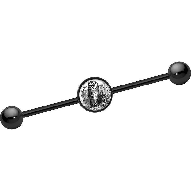Women's Earrings – Elegant Designs for Every Personality--14 Gauge Black Anodized Monochrome Owl Industrial Barbell 37mm