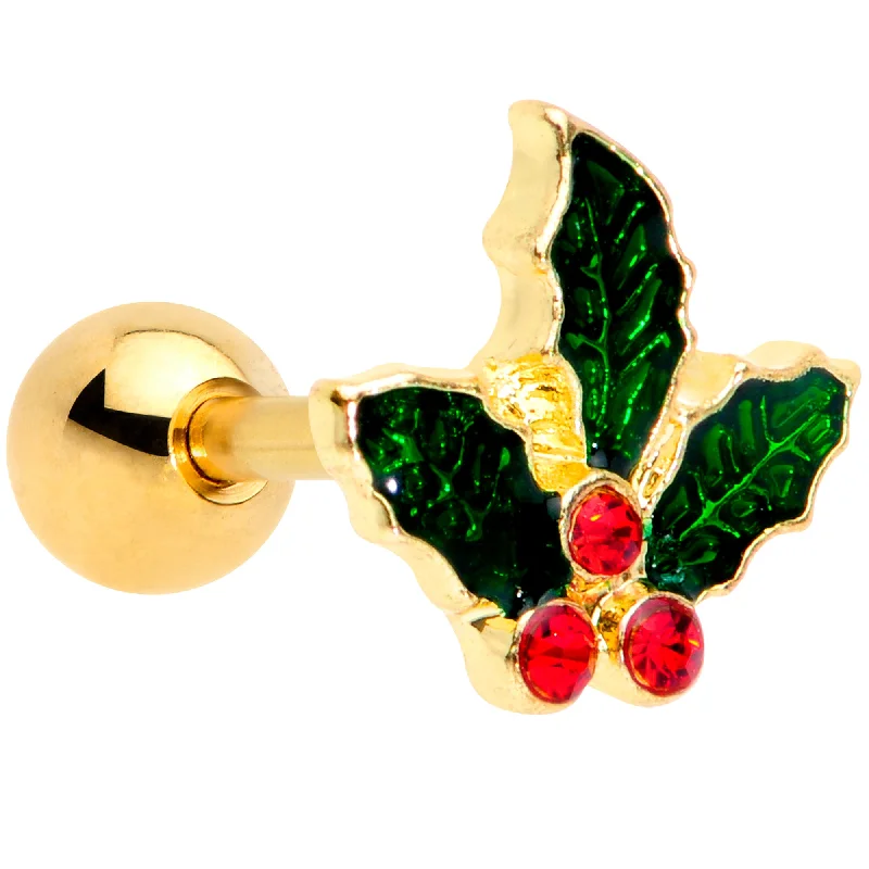 Women's Earrings – Elegant Designs for Every Personality--16 Gauge 1/4 Red Gem Gold Tone Mistletoe Christmas Cartilage Tragus