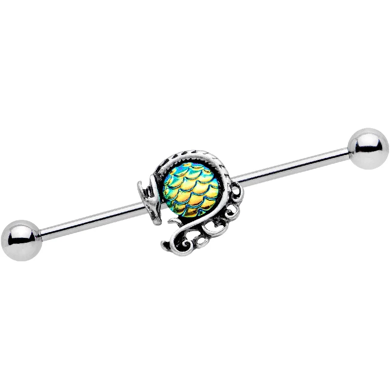 Women's Earrings – Elegant Designs for Every Personality--Green Mermaid Scale Daring Dragon Industrial Barbell 38mm Women's Earrings – Elegant Designs for Every Personality--Green Mermaid Scale Daring Dragon Industrial Barbell 38mm