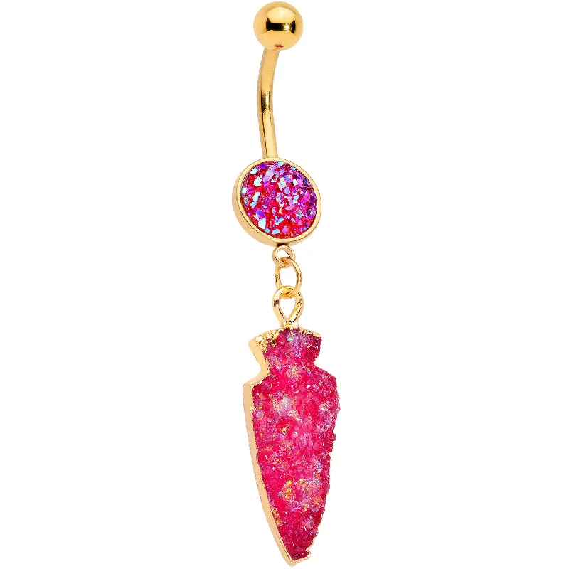 Designer Belly Rings with Modern Touch -Pink Faux Druzy Gold Tone Arrowhead Dangle Belly Ring Designer Belly Rings with Modern Touch -Pink Faux Druzy Gold Tone Arrowhead Dangle Belly Ring
