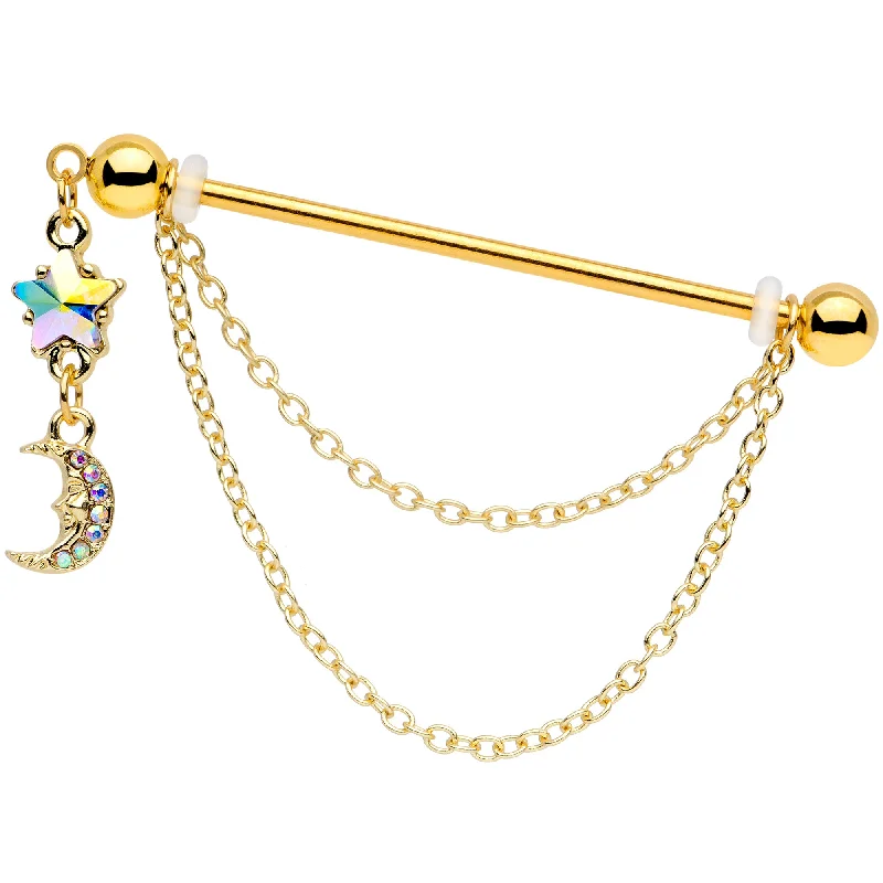 Women's Earrings – Elegant Designs for Every Personality--14 Gauge Aurora Gem Gold Tone Moon Star Chain Industrial Barbell 38mm