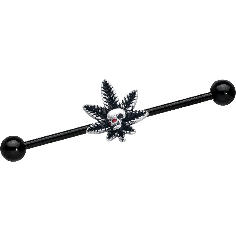 Women's Earrings – Elegant Designs for Every Personality--14 Gauge Red Gem Black Pot Leaf Skull Industrial Barbell 38mm