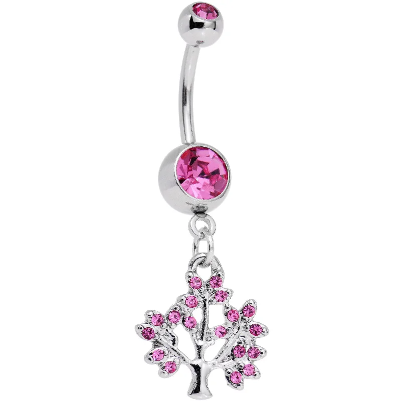 Trendy Belly Rings for Chic Women -Pink Gem Steel Tree of Life Dangle Belly Ring