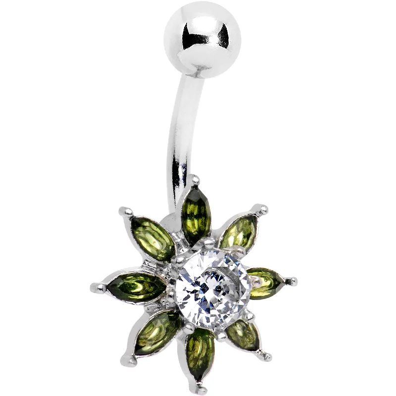 Stylish Belly Rings for Active Lifestyles -Clear Green Gem Flourishing Flower Belly Ring Stylish Belly Rings for Active Lifestyles -Clear Green Gem Flourishing Flower Belly Ring