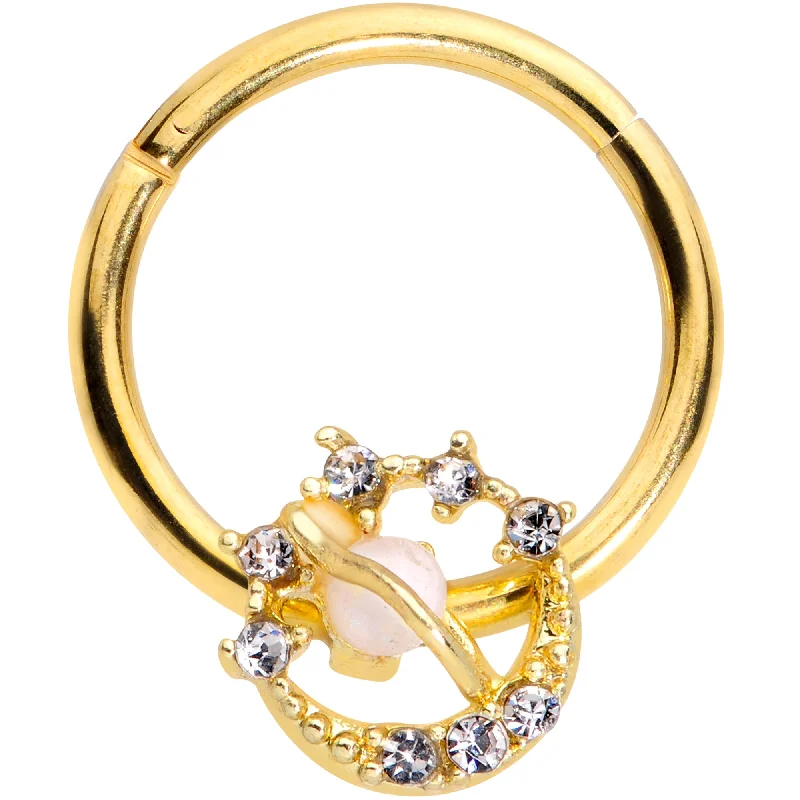 Fashion-Forward Nose Rings with Elegant Touch -16 Gauge 3/8 Clear Gem Gold Tone White Faux Opal Saturn Hinged Segment Ring Fashion-Forward Nose Rings with Elegant Touch -16 Gauge 3/8 Clear Gem Gold Tone White Faux Opal Saturn Hinged Segment Ring
