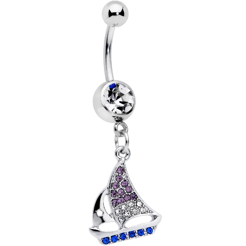 Comfortable Belly Rings for Long Wear -Clear Blue Purple Gem Sailboat Dangle Belly Ring Comfortable Belly Rings for Long Wear -Clear Blue Purple Gem Sailboat Dangle Belly Ring