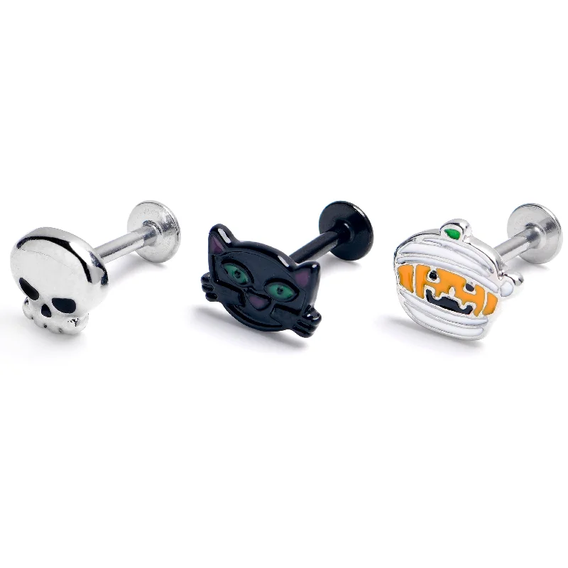 Women's Earrings – Elegant Designs for Every Personality--16 Gauge 5/16 Black Cat Skull Halloween Labret Monroe Tragus Set of3