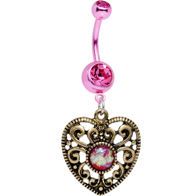 Belly Rings with Glamorous Shine for Bold Look -Pink Faux Opal Pink Bygone Heart Dangle Belly Ring Belly Rings with Glamorous Shine for Bold Look -Pink Faux Opal Pink Bygone Heart Dangle Belly Ring