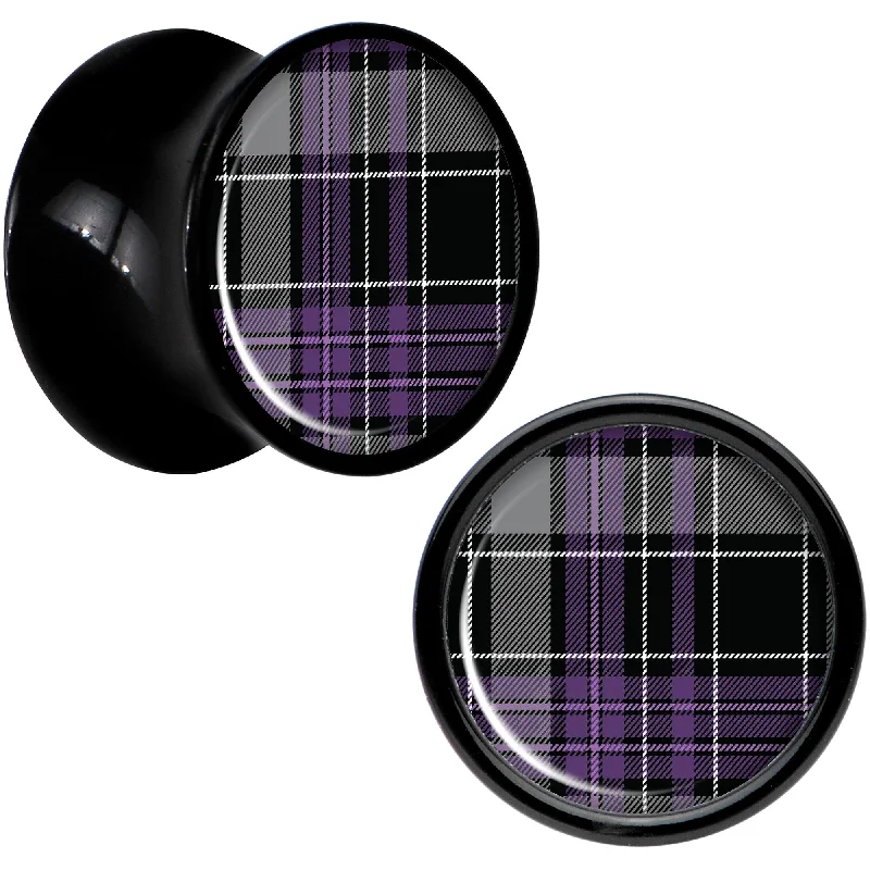 Women's Earrings – Elegant Designs for Every Personality--Winter Purple Black Plaid Black Acrylic Saddle Plug Set Sizes 5mm to 20mm