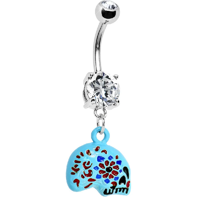 Belly Rings with Unique Shape for Stylish Piercings -Crystalline Gem Aqua Sugar Skull Floral Belly Ring Belly Rings with Unique Shape for Stylish Piercings -Crystalline Gem Aqua Sugar Skull Floral Belly Ring