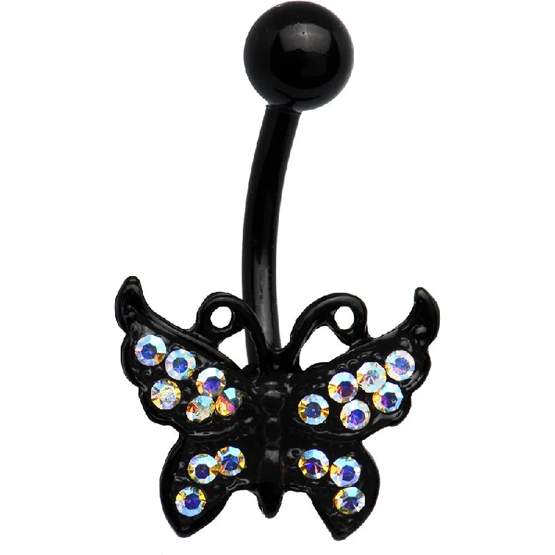 Elegant Belly Rings for Chic Fashionistas -Black Aurora Crystal Butterfly Belly Ring Elegant Belly Rings for Chic Fashionistas -Black Aurora Crystal Butterfly Belly Ring