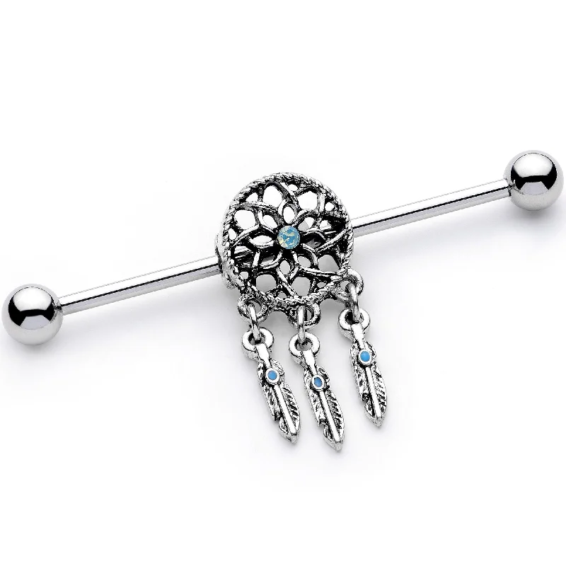 Women's Earrings – Elegant Designs for Every Personality--White Faux Opal Feather Dreamcatcher Dangle Industrial Barbell 38mm