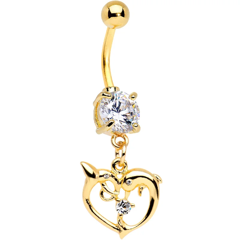 Designer Belly Rings with Modern Touch -Clear CZ Gem Gold PVD Double Dolphin Heart Dangle Belly Ring Designer Belly Rings with Modern Touch -Clear CZ Gem Gold PVD Double Dolphin Heart Dangle Belly Ring