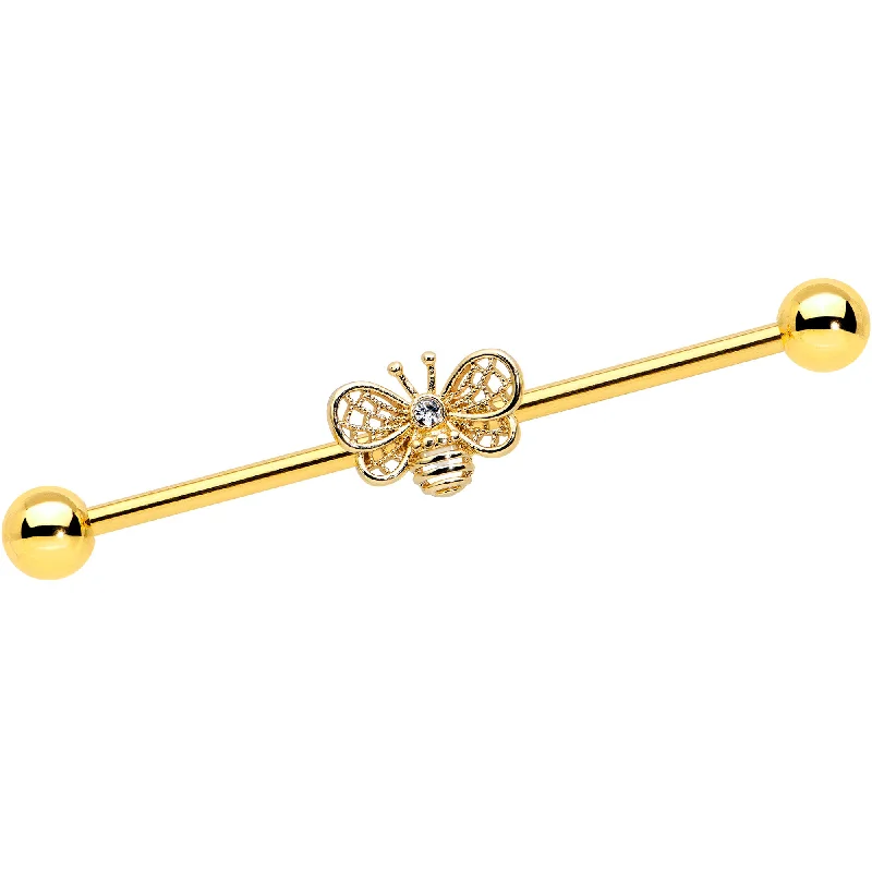 Women's Earrings – Elegant Designs for Every Personality--14 Gauge Clear Gem Gold Tone Beauty Bee Industrial Barbell 38mm