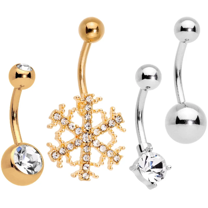 Stylish Belly Rings for Modern Women -Clear Gem Gold Tone Winter Snowflake Belly Ring Set of 4 Stylish Belly Rings for Modern Women -Clear Gem Gold Tone Winter Snowflake Belly Ring Set of 4