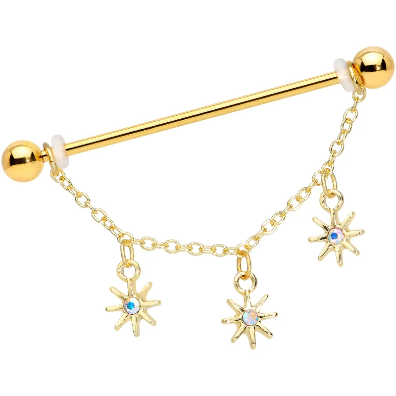 Women's Earrings – Elegant Designs for Every Personality--14 Gauge Aurora Gem Gold Tone Stars Dangle Industrial Barbell 38mm