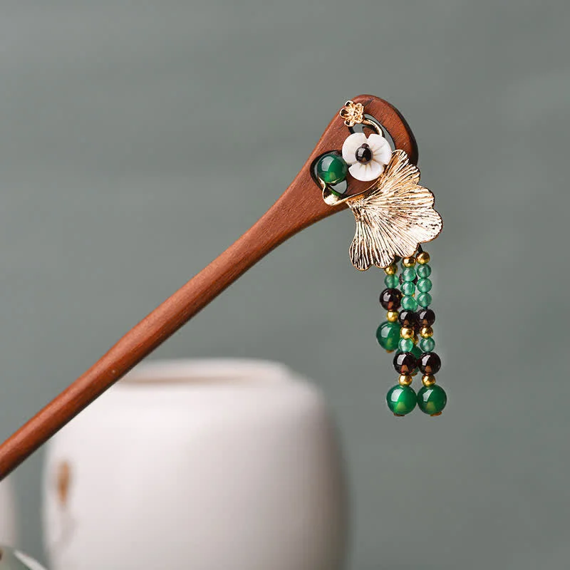 Buddha Stones Red Sandalwood Green Agate Ginkgo Leaf Protection Hairpin