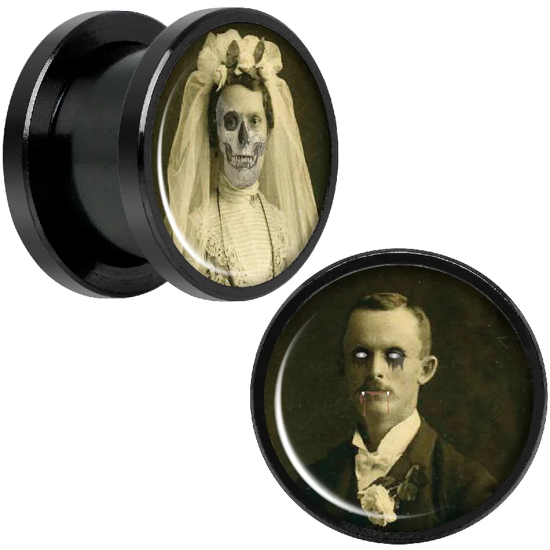 Women's Earrings – Elegant Designs for Every Personality--Undead Bride and Groom Halloween Black Anodized Plug Set 1/2 Women's Earrings – Elegant Designs for Every Personality--Undead Bride and Groom Halloween Black Anodized Plug Set 1/2