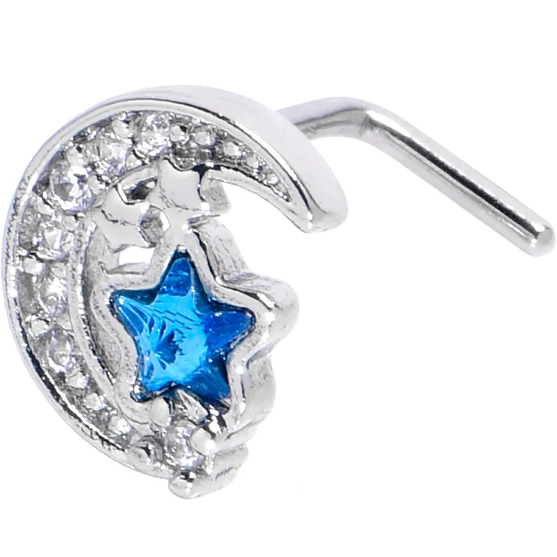 Designer Nose Rings for Chic Looks -20 Gauge 7mm Blue CZ Gem Starry Night Sky L Shape Nose Ring Designer Nose Rings for Chic Looks -20 Gauge 7mm Blue CZ Gem Starry Night Sky L Shape Nose Ring