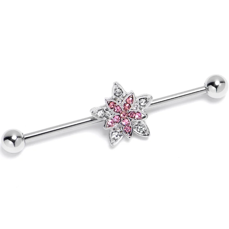 Women's Earrings – Elegant Designs for Every Personality--14 Gauge Clear Pink Gem Snowflake Flower Industrial Barbell 38mm