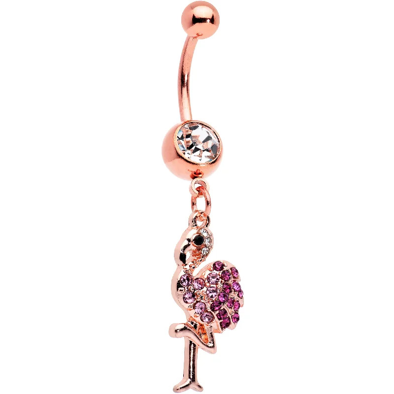 Belly Rings for Trendy Piercing Styles -Clear Pink Gem Rose Gold Tone Fashion Flamingo Dangle Belly Ring Belly Rings for Trendy Piercing Styles -Clear Pink Gem Rose Gold Tone Fashion Flamingo Dangle Belly Ring