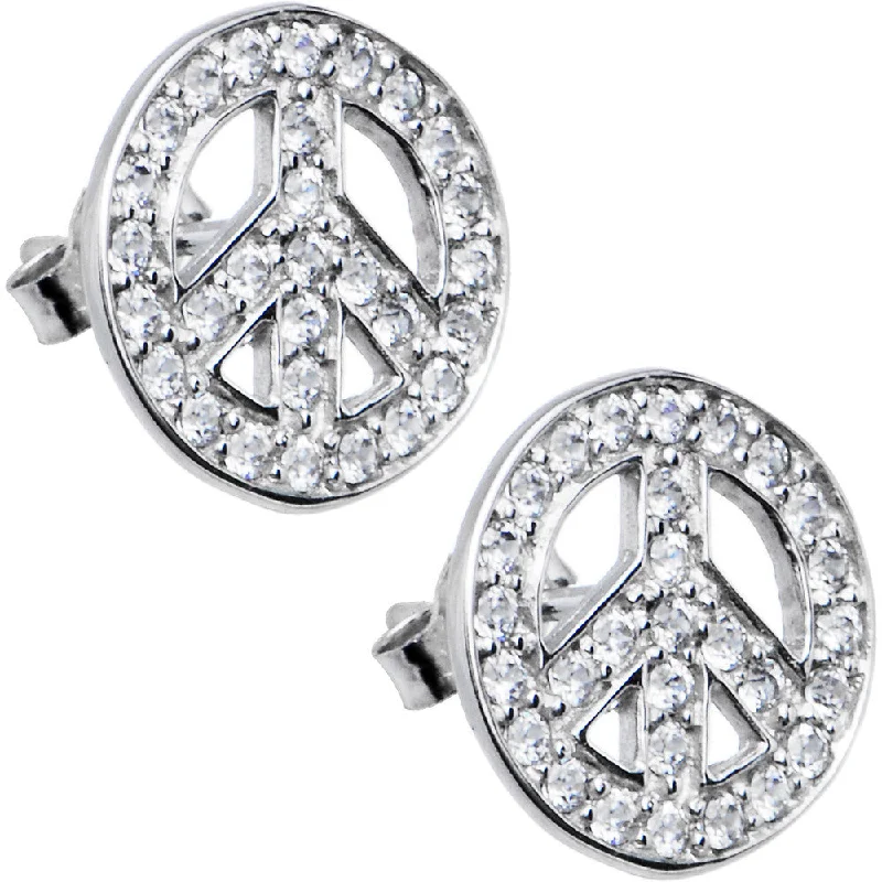Women's Earrings – Elegant Designs for Every Personality--14kt White Gold CZ Paved Peace Sign Stud Earrings