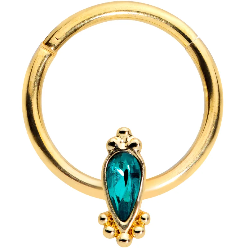Nose Rings for Elegant Fashion -16 Gauge 3/8 Green Gem Gold Tone Teardrop Hinged Segment Ring