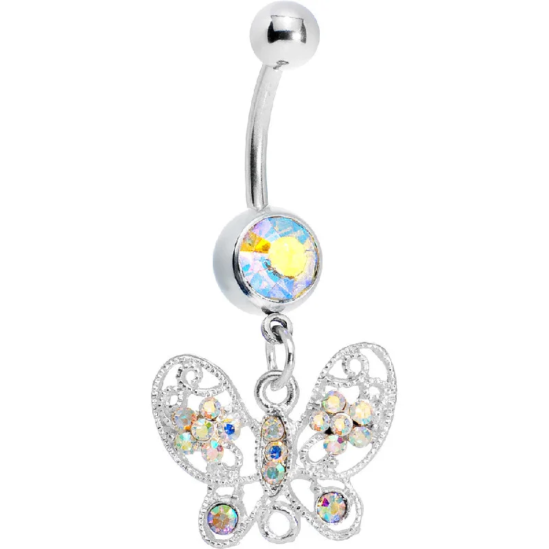 Comfortable Belly Rings with Adjustable Design -Aurora Gem Paved Butterfly Belly Ring Comfortable Belly Rings with Adjustable Design -Aurora Gem Paved Butterfly Belly Ring