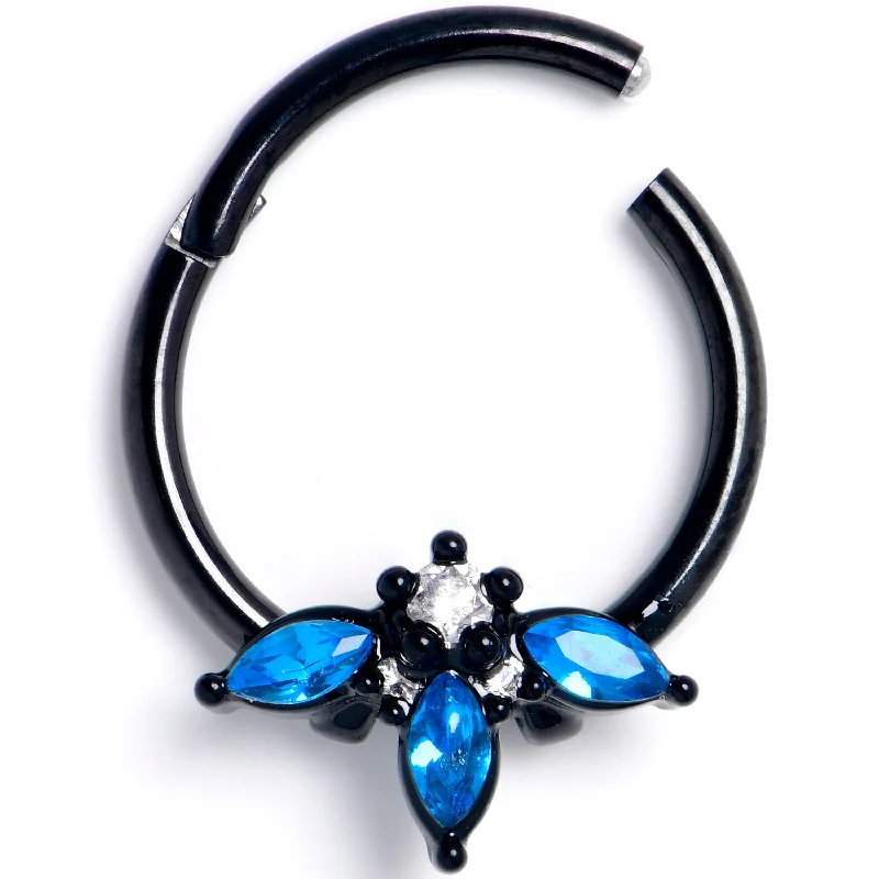 Women's Earrings – Elegant Designs for Every Personality--16 Gauge 3/8 Blue Clear Gem Black Goth Flower Hinged Segment Ring