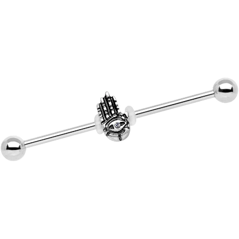Women's Earrings – Elegant Designs for Every Personality--Clear Gem Hamsa Eye Industrial Barbell 38mm Women's Earrings – Elegant Designs for Every Personality--Clear Gem Hamsa Eye Industrial Barbell 38mm