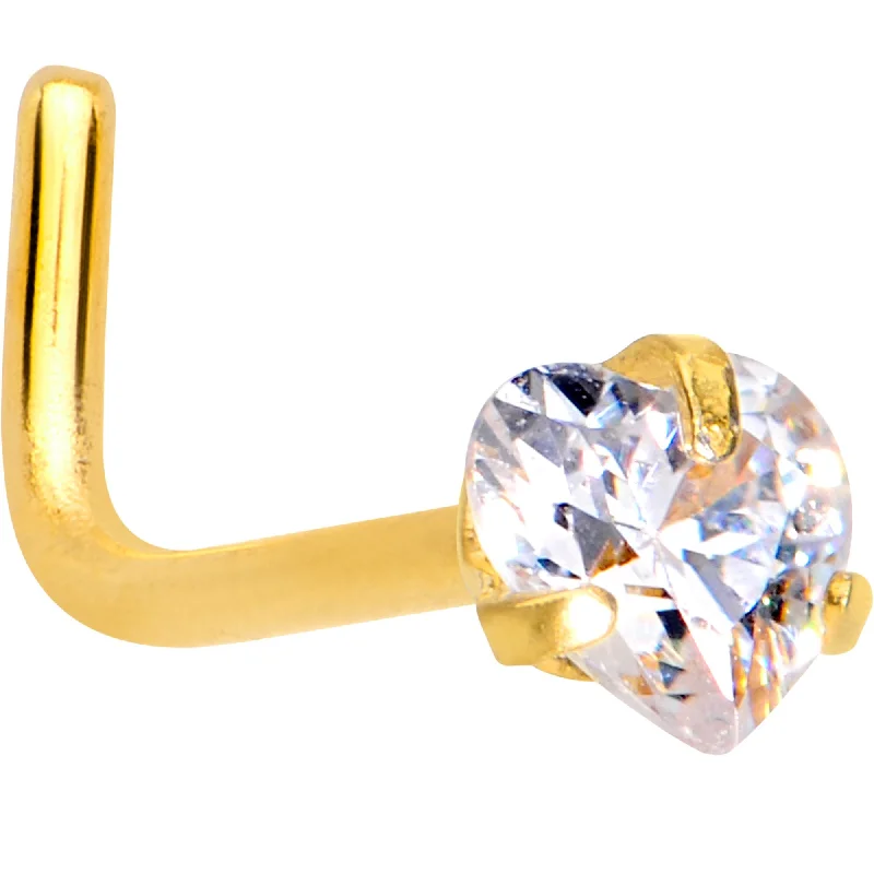 Nose Rings for Youthful Look -20 Gauge 1/4 Clear Heart 3mm CZ Gem Gold IP L-Shape Nose Ring Nose Rings for Youthful Look -20 Gauge 1/4 Clear Heart 3mm CZ Gem Gold IP L-Shape Nose Ring