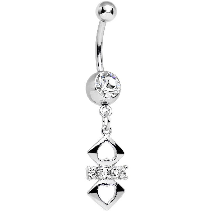 Comfortable Belly Rings for Chic Comfort -Clear Cubic Zirconia Double Heart Cut Out Dangle Belly Ring