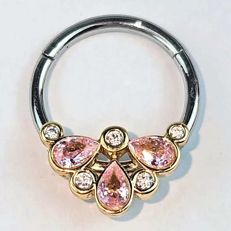 Nose Rings for Bold Fashion Choices -16 Gauge 3/8 Pink Gem Golden Crown Deluxe Hinged Segment Ring Nose Rings for Bold Fashion Choices -16 Gauge 3/8 Pink Gem Golden Crown Deluxe Hinged Segment Ring