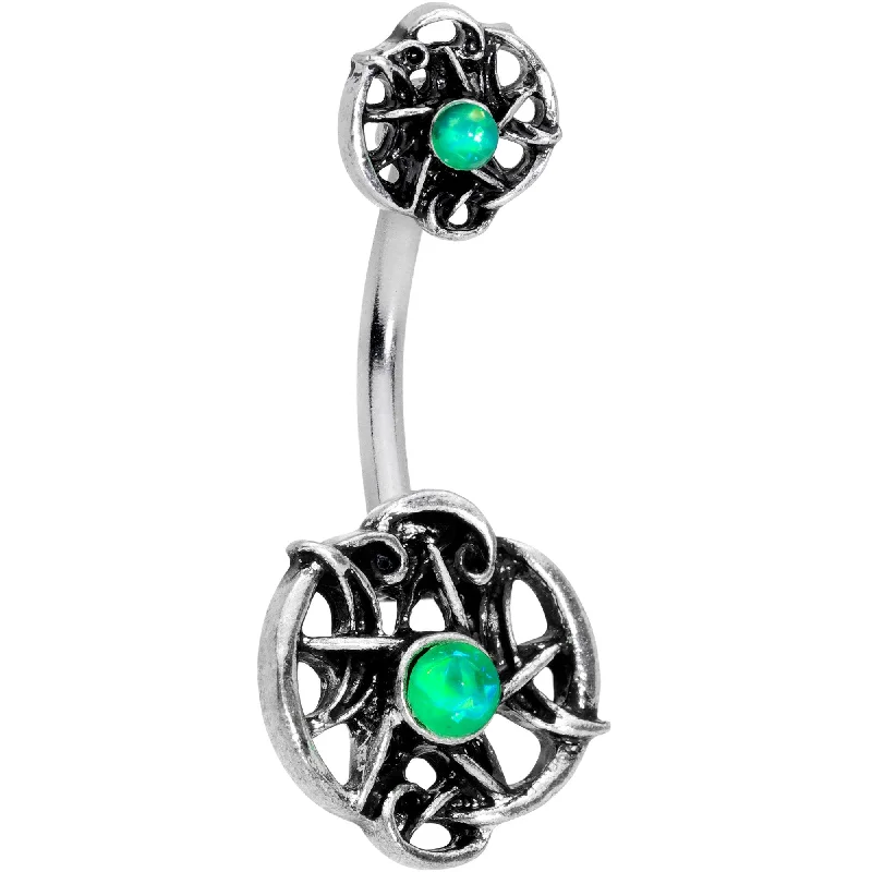 Belly Rings with Silver and Gold Detailing -Green Synthetic Opal Moon Pentagram Double Mount Belly Ring Belly Rings with Silver and Gold Detailing -Green Synthetic Opal Moon Pentagram Double Mount Belly Ring