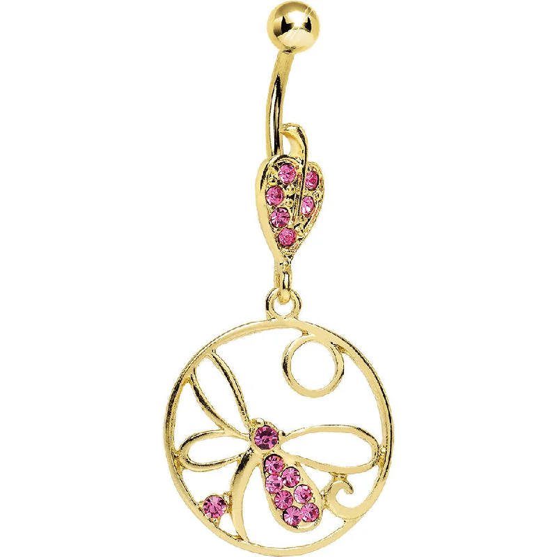 Simple Belly Rings for Clean and Elegant Look -Gold Plated Circle Encased Pink Gem Dragonfly Belly Ring Simple Belly Rings for Clean and Elegant Look -Gold Plated Circle Encased Pink Gem Dragonfly Belly Ring