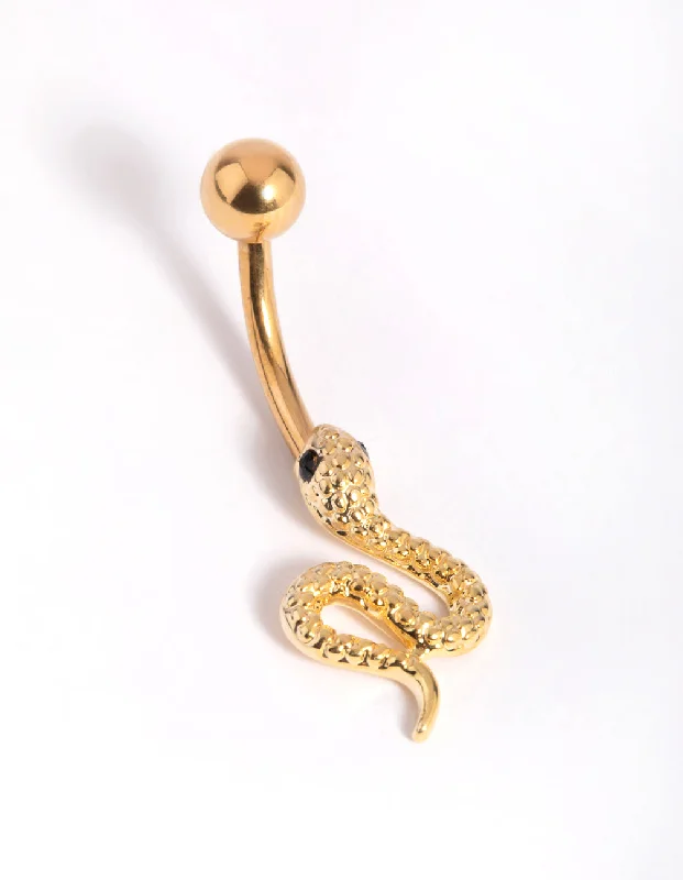 Stylish Belly Rings for Fashion-Forward Women -Gold Plated Titanium Snake Belly Bar