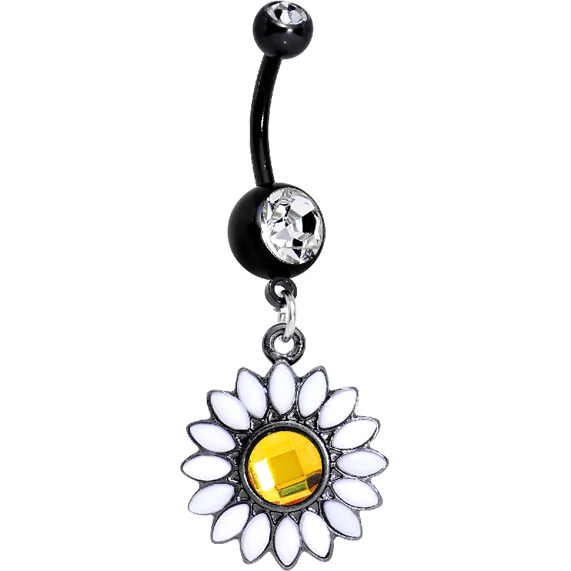 Trendy Belly Rings for Fashion-Lovers -Clear Yellow Gem Black Daisy Flower Dangle Belly Ring Trendy Belly Rings for Fashion-Lovers -Clear Yellow Gem Black Daisy Flower Dangle Belly Ring