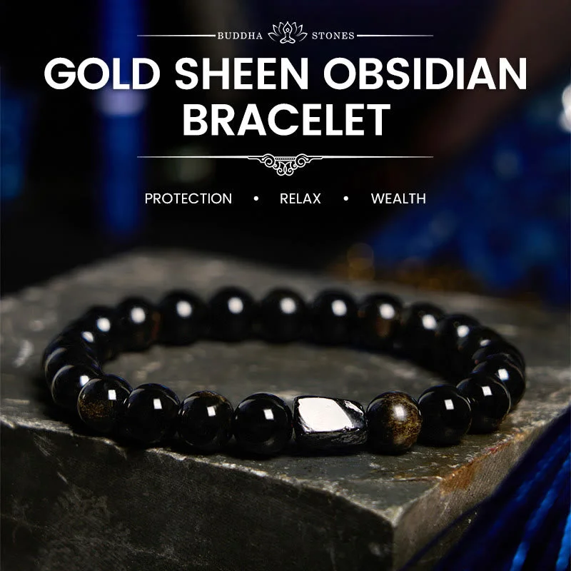 Men's Bracelets with Zodiac Signs-Buddha Stones Gold Sheen Obsidian Black Tourmaline Wealth Bracelet Men's Bracelets with Zodiac Signs-Buddha Stones Gold Sheen Obsidian Black Tourmaline Wealth Bracelet