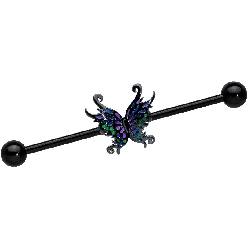 Women's Earrings – Elegant Designs for Every Personality--14 Gauge Black Fantasy Faerie Wings Industrial Barbell 38mm