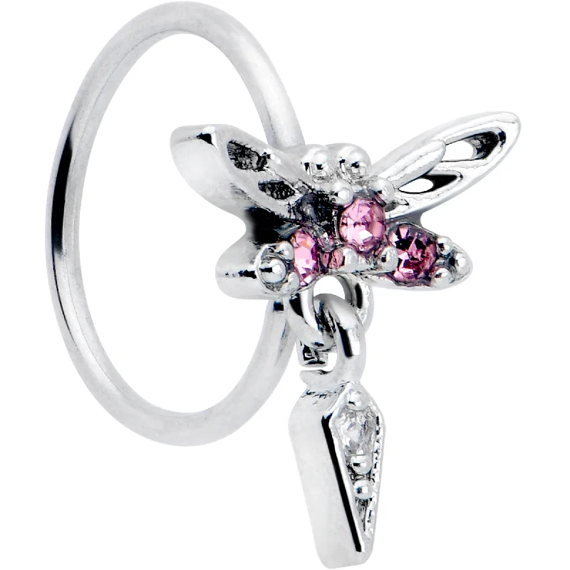 Nose Rings with Chic Touch -20 Gauge 5/16 Pink Gem Swank Dragonfly Dangle Nose Hoop