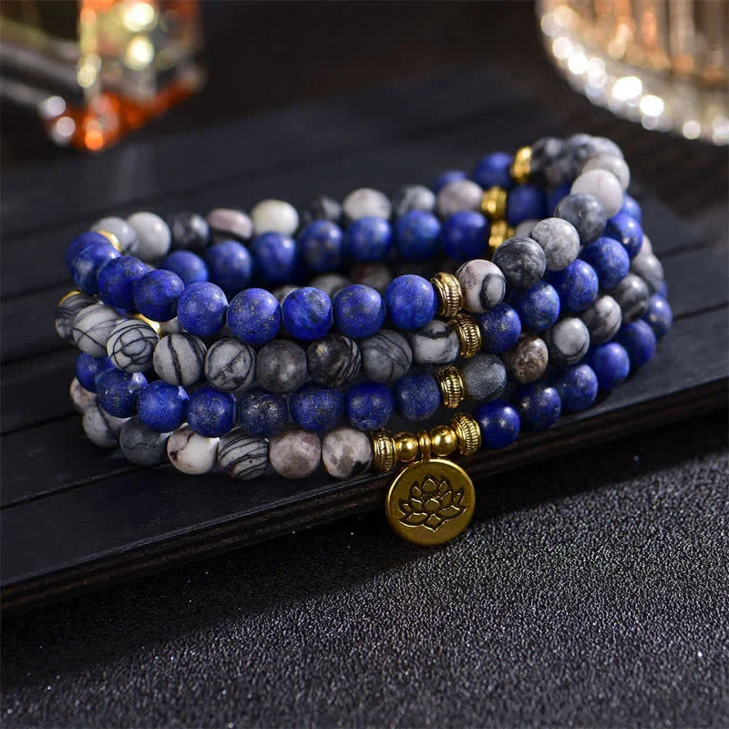 Affordable Bracelets for Men-Buddha Stones Lazurite Picasso Jasper Amazonite Rhodonite Apatite Positive Lotus Prayer Bead Bracelet