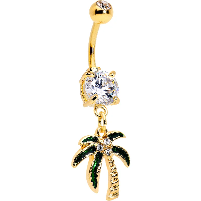 Trendy Belly Rings for Exclusive Looks -Clear Gem Gold Tone Palm Tree Style Dangle Belly Ring Trendy Belly Rings for Exclusive Looks -Clear Gem Gold Tone Palm Tree Style Dangle Belly Ring