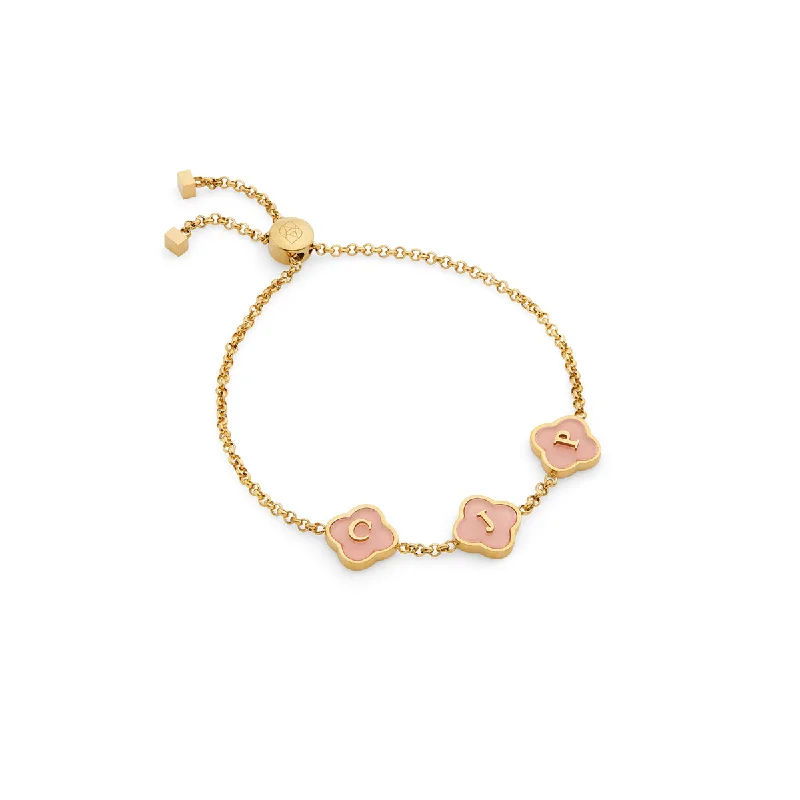 Set of Wedding Bangles for Women-Rose Quartz Clover Custom Name Bracelet (Gold)