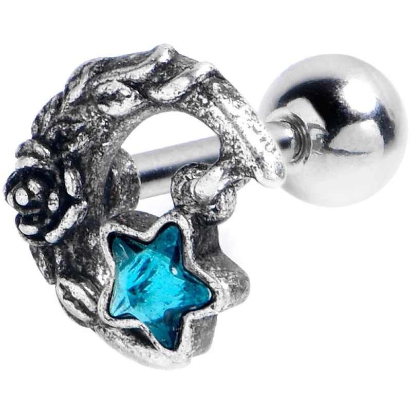 Women's Earrings – Elegant Designs for Every Personality--16 Gauge 1/4 Blue Gem Ornate Moon Star Cartilage Tragus Earring
