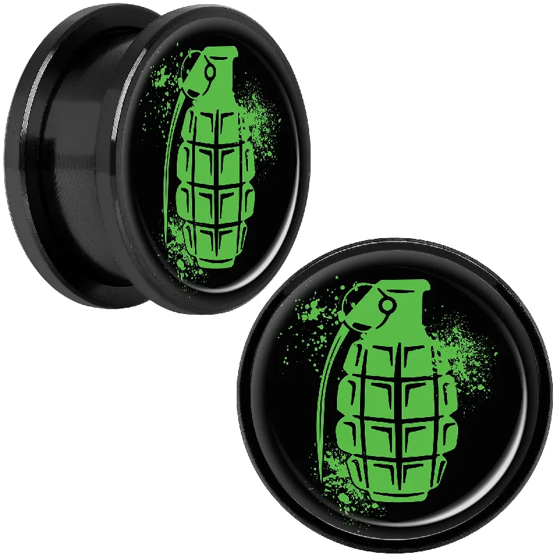 Women's Earrings – Elegant Designs for Every Personality--Green Grenade Black Anodized Screw Fit Plug Set 18mm Women's Earrings – Elegant Designs for Every Personality--Green Grenade Black Anodized Screw Fit Plug Set 18mm