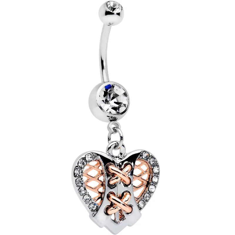 Stunning Belly Rings for Unique Looks -Clear CZ Gem Tie Me Up Corset Heart Valentines Day Dangle Belly Ring Stunning Belly Rings for Unique Looks -Clear CZ Gem Tie Me Up Corset Heart Valentines Day Dangle Belly Ring