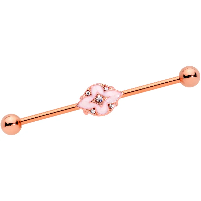 Women's Earrings – Elegant Designs for Every Personality--14 Gauge Clear Gem Rose Gold Tone Pink Cross Industrial Barbell 38mm