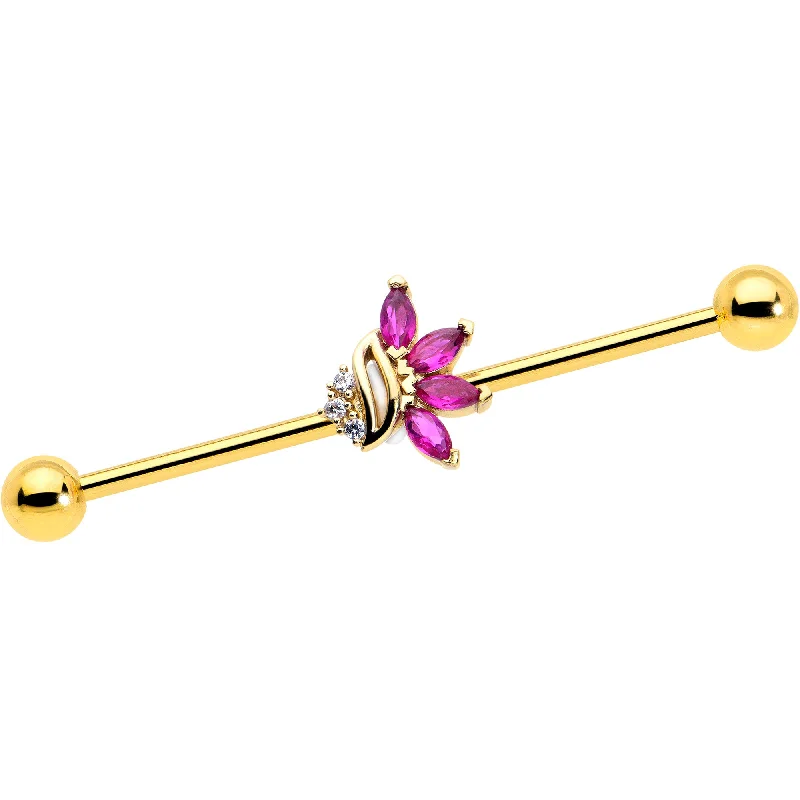 Women's Earrings – Elegant Designs for Every Personality--14 Gauge Red CZ Gem Gold Tone Swirl Fan Industrial Barbell 38mm