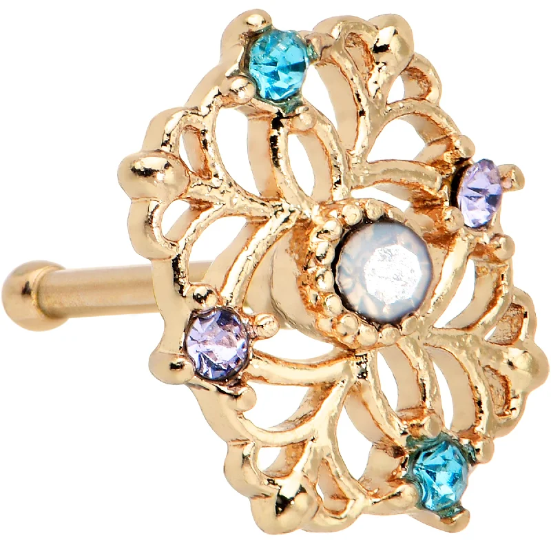 Nose Rings with Chic Touch -20 Gauge 1/4 White Synthetic Opal Gold Tone Web Nose Bone