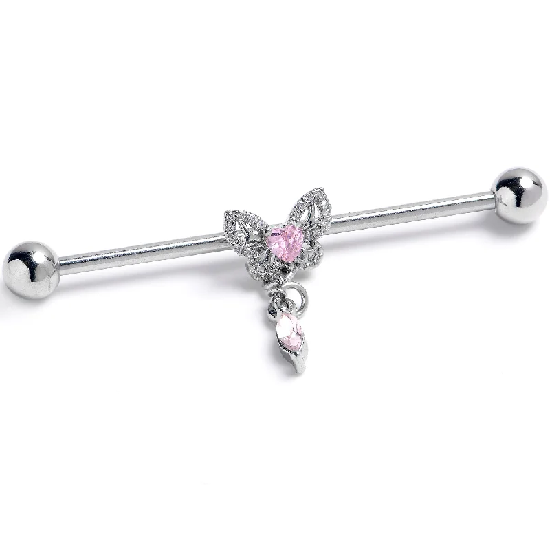 Women's Earrings – Elegant Designs for Every Personality--14 Gauge Clear Pink Gem Whimsical Butterfly Industrial Barbell 38mm